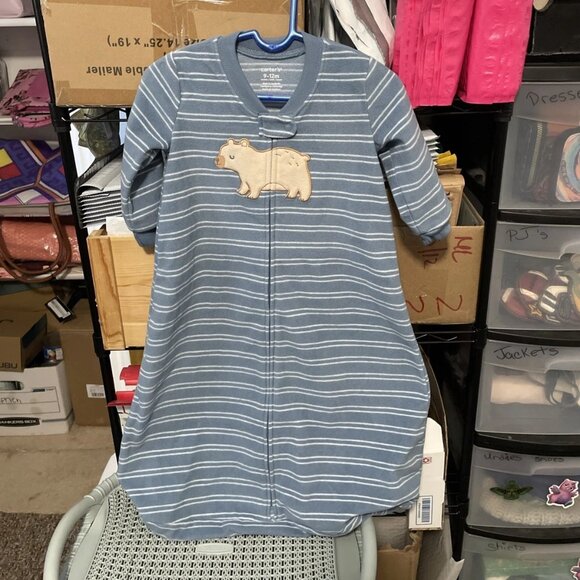 Carter's 2-Way Zip Fleece Sleep Sack 9-12 Months ~ Blue & White Stripe ~ Bear - Picture 1 of 5